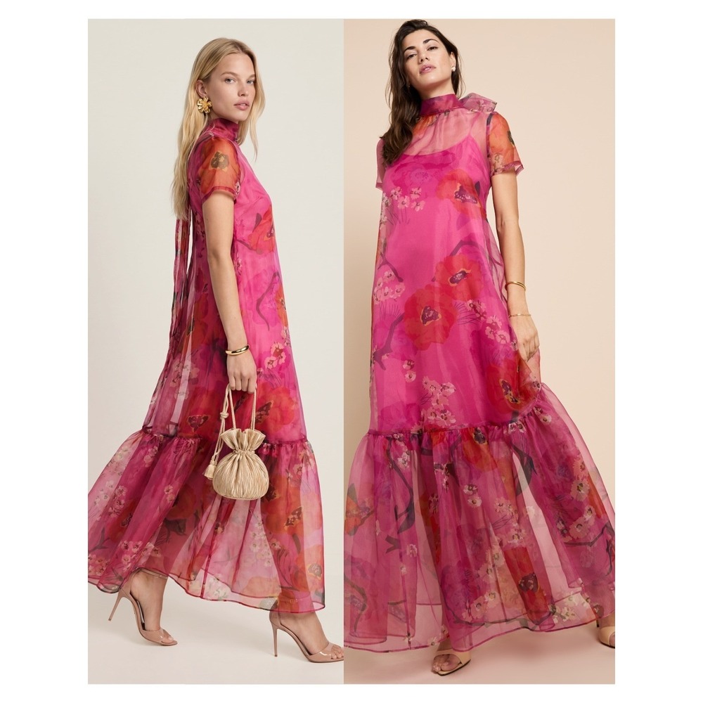 NWT CAARA Melody High Neck Organza Tie Neck Tiered Hem Dress - Size XS